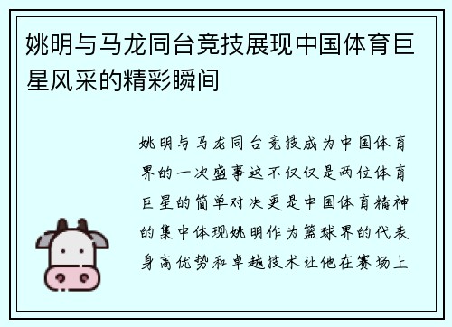 姚明与马龙同台竞技展现中国体育巨星风采的精彩瞬间