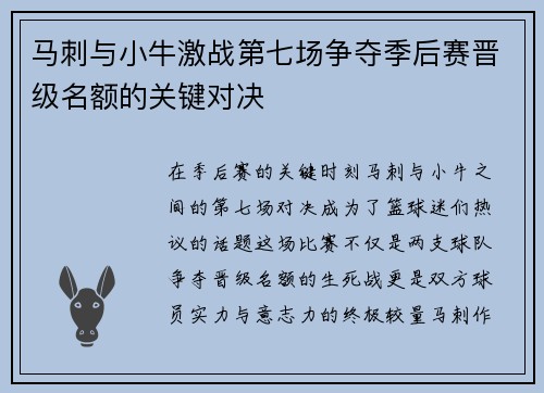 马刺与小牛激战第七场争夺季后赛晋级名额的关键对决